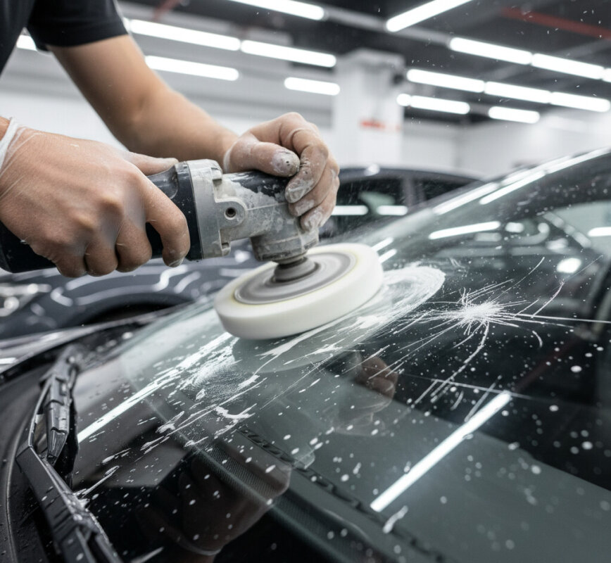 Polerowanie porysowanej szyby przedniej tlenkiem ceru.