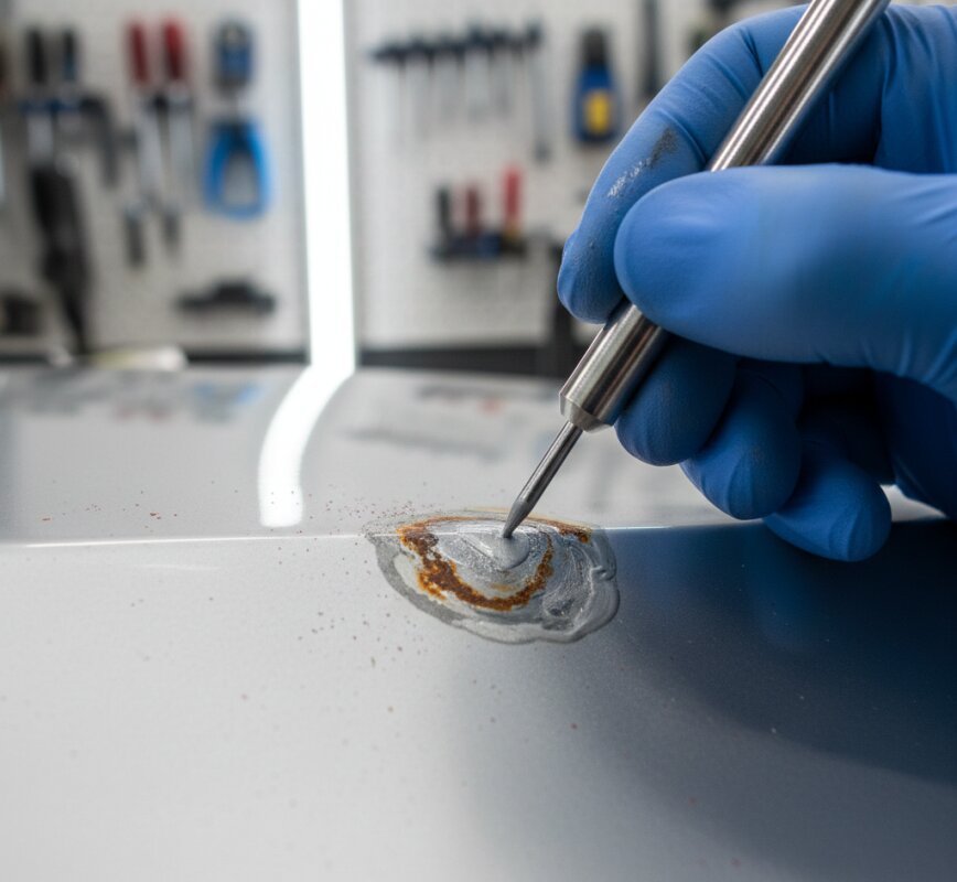 Samodzielna naprawa odprysku lakieru i usuwanie rdzy z karoserii.