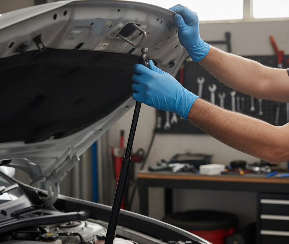 Montaż nowego teleskopu gazowego maski silnika w samochodzie osobowym.