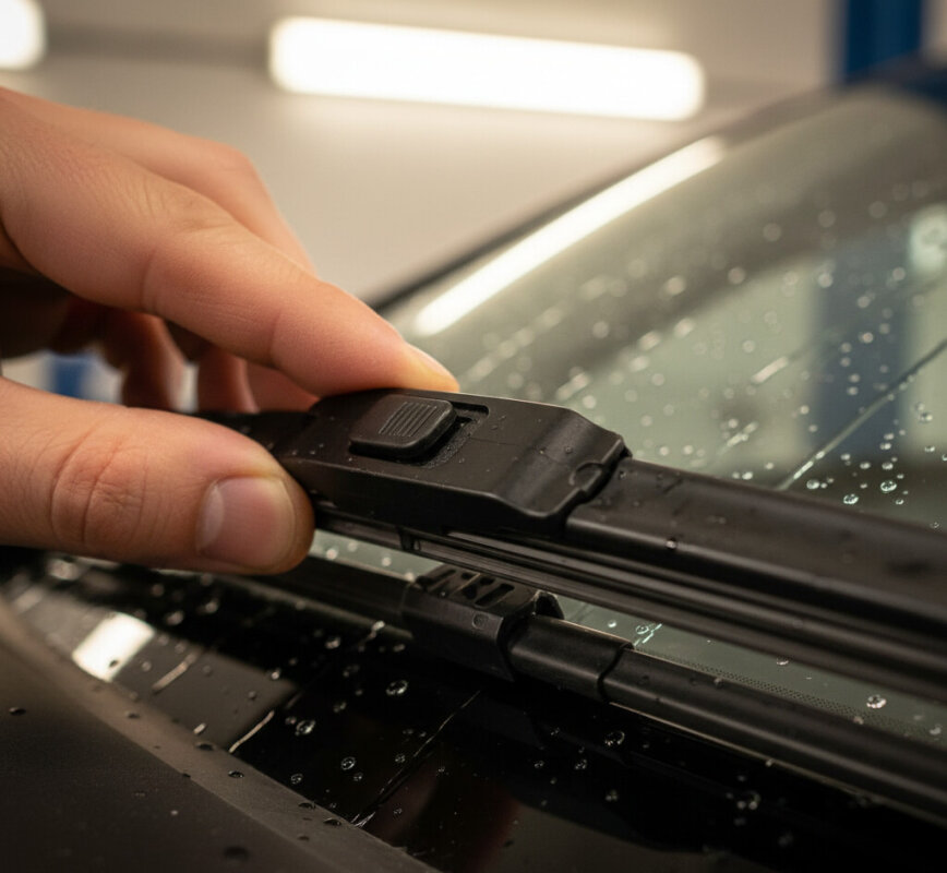 Samodzielna wymiana piór wycieraczek w samochodzie osobowym.