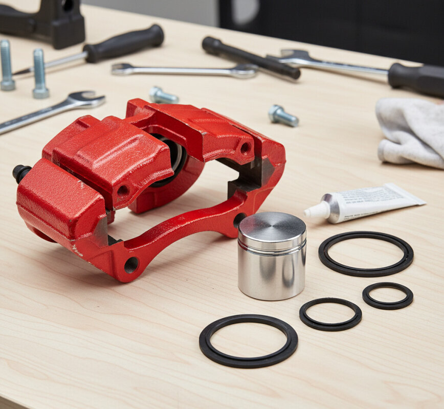 Zdemontowany zacisk hamulcowy na warsztacie.