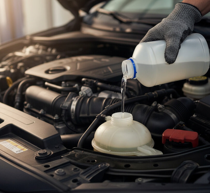 Nalewanie płynu do płukania chłodnicy auta.