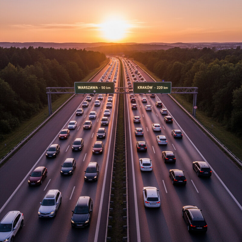 Duży ruch samochodowy na wielopasmowej autostradzie podczas zachodu słońca.