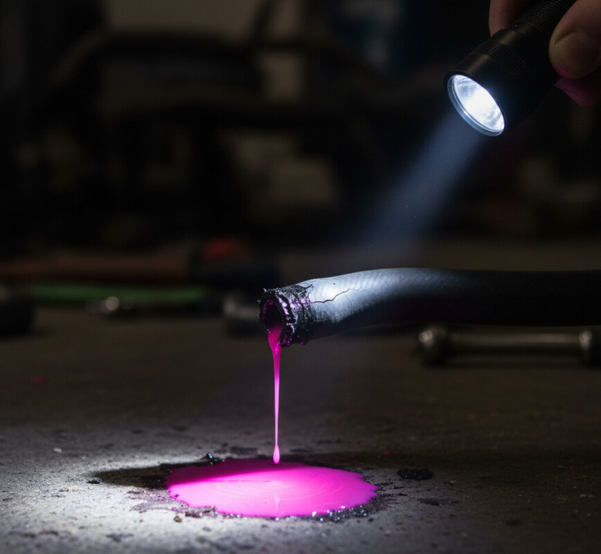 Wyciek różowego płynu chłodniczego pod maską samochodu.