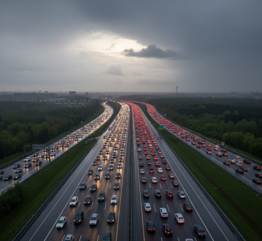 Widok z lotu ptaka na autostradę pełną samochodów o zmierzchu.