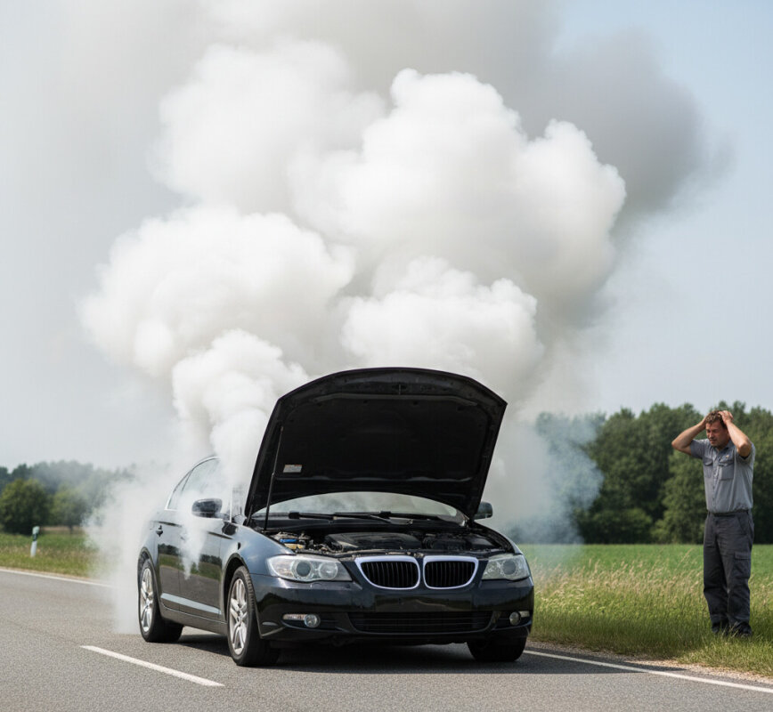 Dymiący silnik diesla pod otwartą maską.