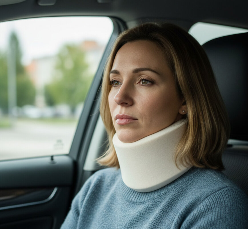 Kobieta w kołnierzu ortopedycznym w aucie.
