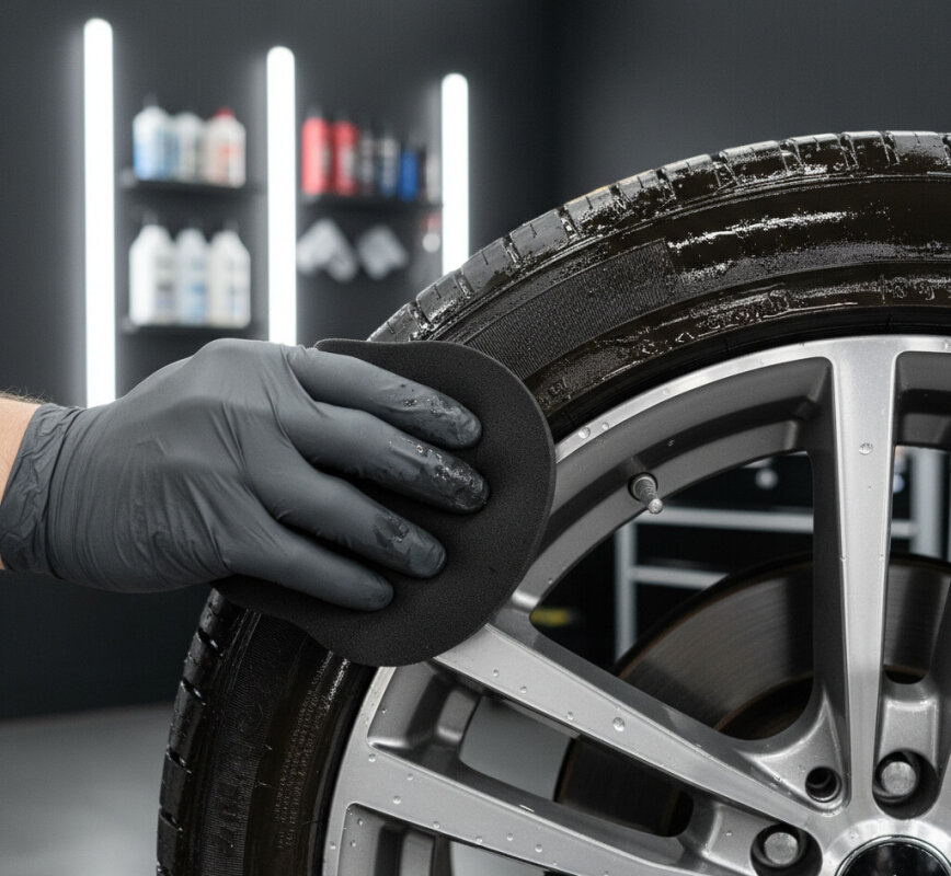 Nakładanie czernidła na oponę samochodową dla efektu wysokiego połysku.
