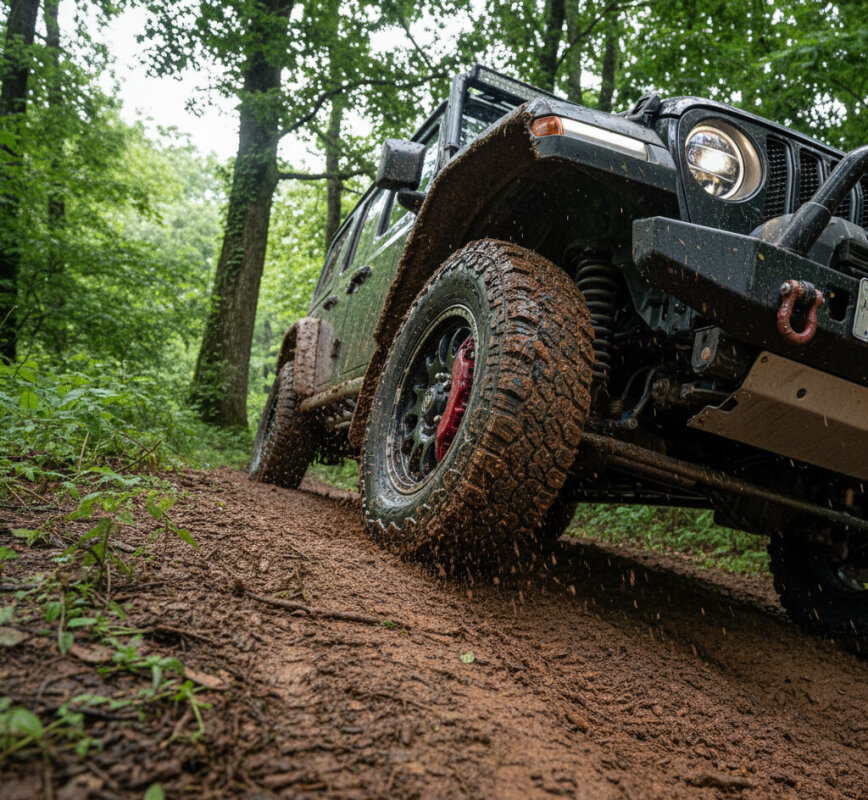 Terenowy SUV zjeżdżający ze stromego błotnistego wzgórza.