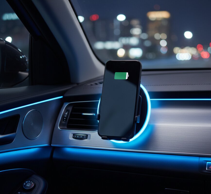 Smartfon w uchwycie samochodowym z bezprzewodowym ładowaniem indukcyjnym Qi.