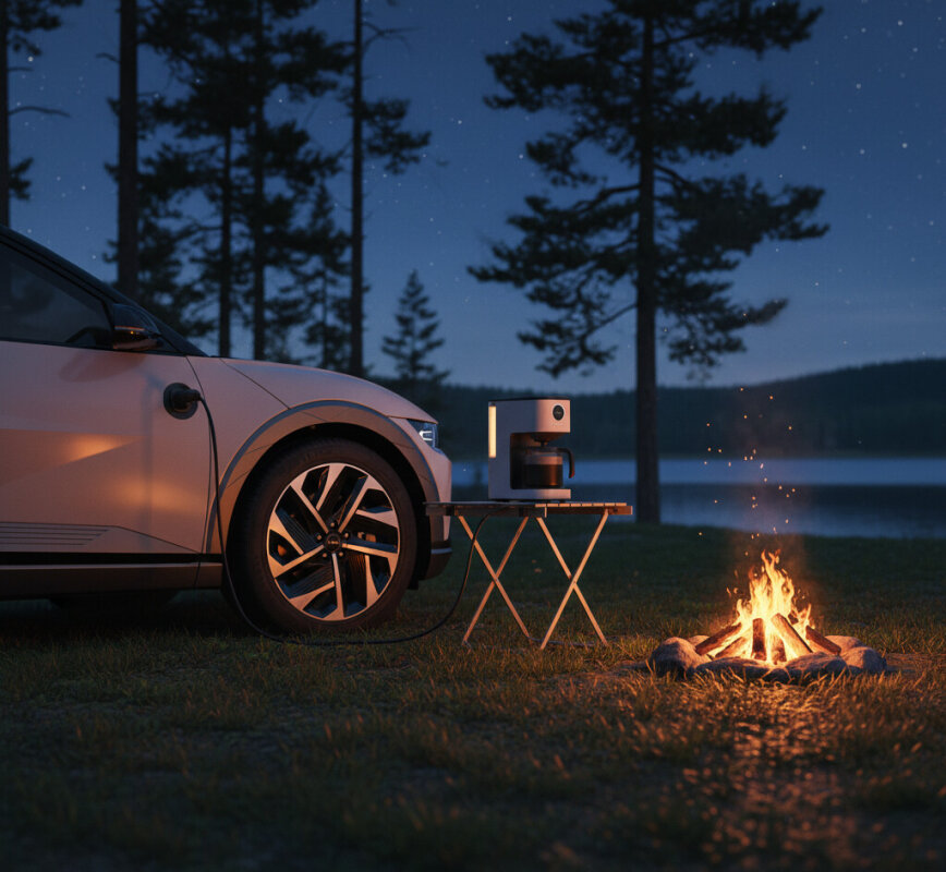 Ładowanie laptopa z gniazda V2L w aucie.