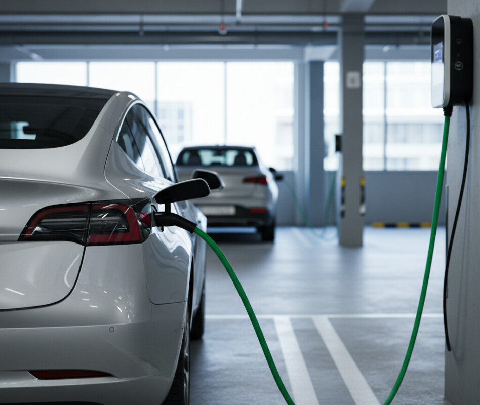 Samochód elektryczny podłączony do stacji ładowania.