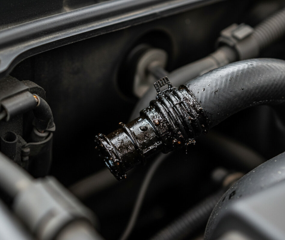 Zabrudzony zawór odmy olejowej i przewód w silniku spalinowym, widoczne ślady oleju.