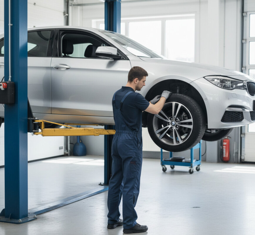 Samochód na podnośniku hydraulicznym podczas przeglądu zawieszenia.