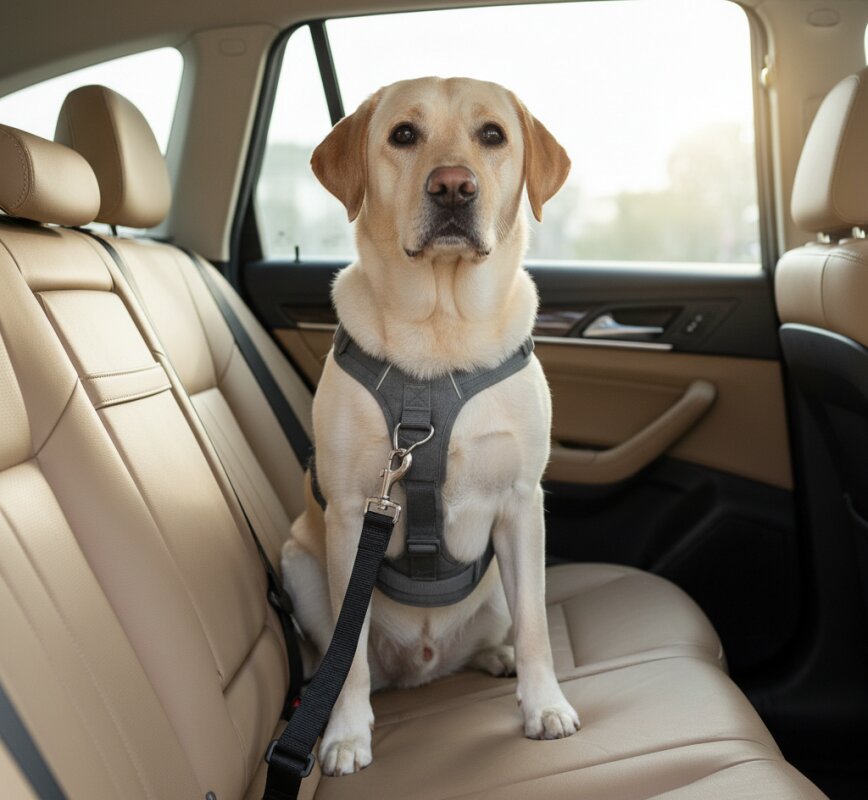 Pies w szelkach bezpieczeństwa na tylnym siedzeniu samochodu.
