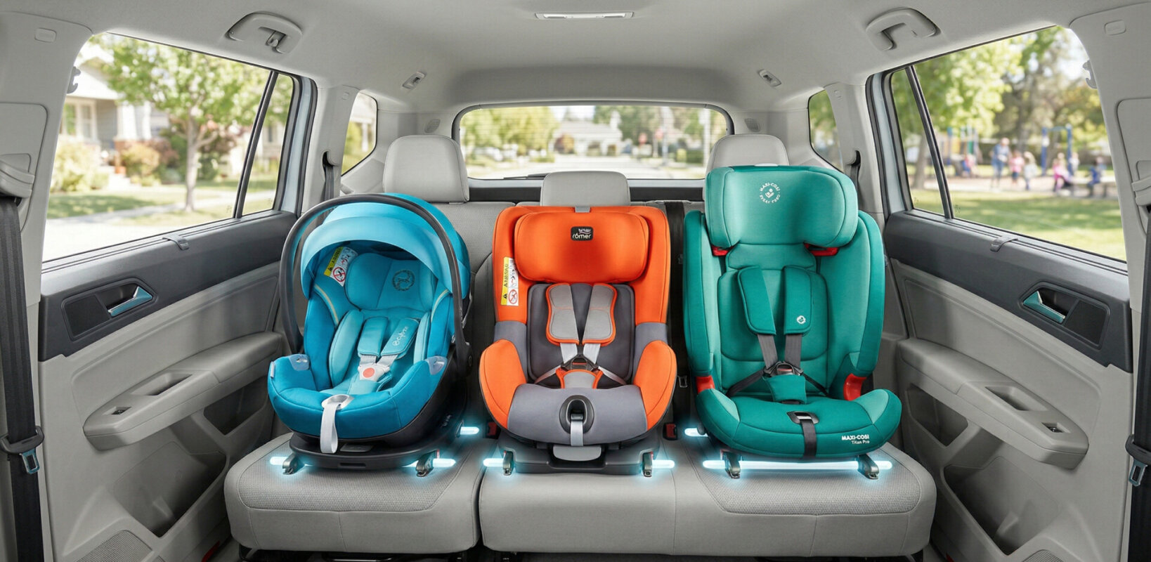 Trzy foteliki dziecięce zamontowane na tylnej kanapie SUV-a.