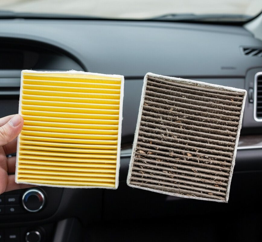 Porównanie czystego i brudnego filtra kabiny.