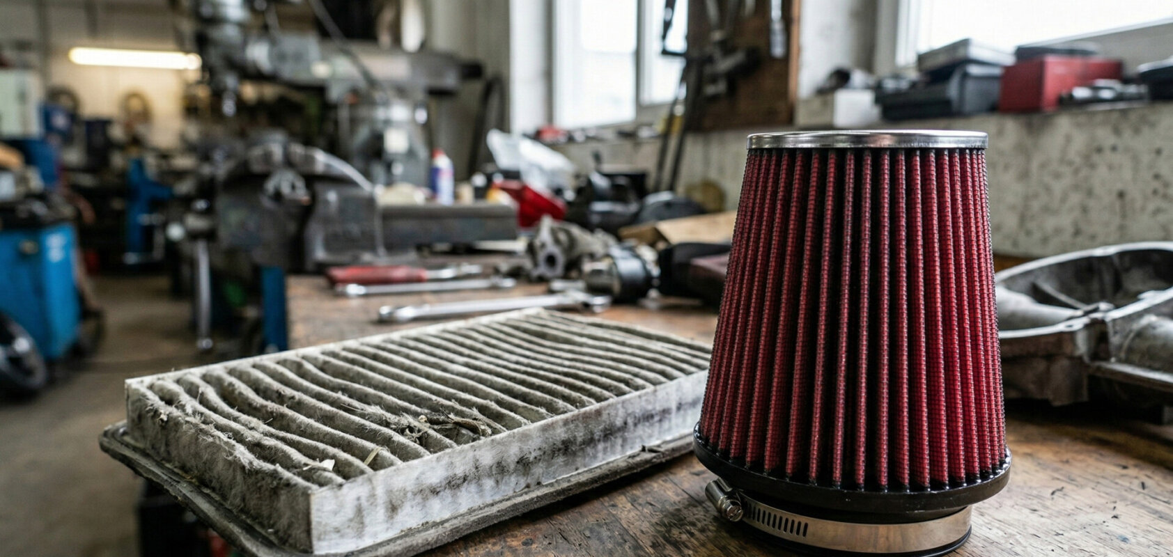 Porównanie seryjnego filtra powietrza i sportowego filtra stożkowego.