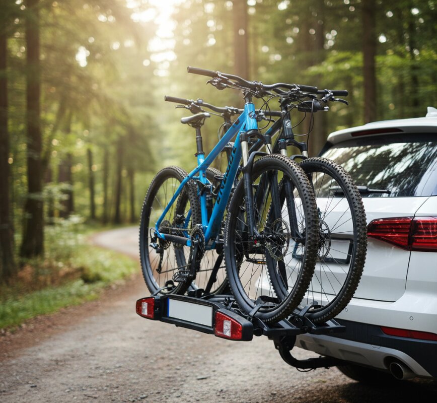 Rowery zamontowane na bagażniku rowerowym na haku samochodu SUV.