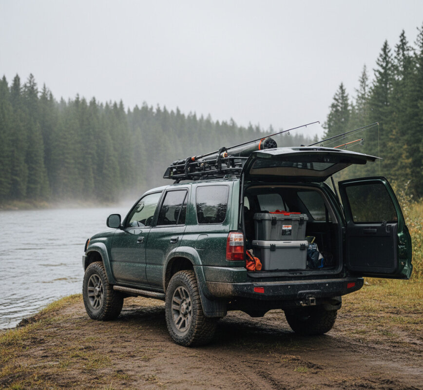 SUV wędkarza z bagażnikiem dachowym.