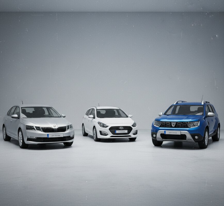 Rząd używanych samochodów osobowych na placu sprzedażowym