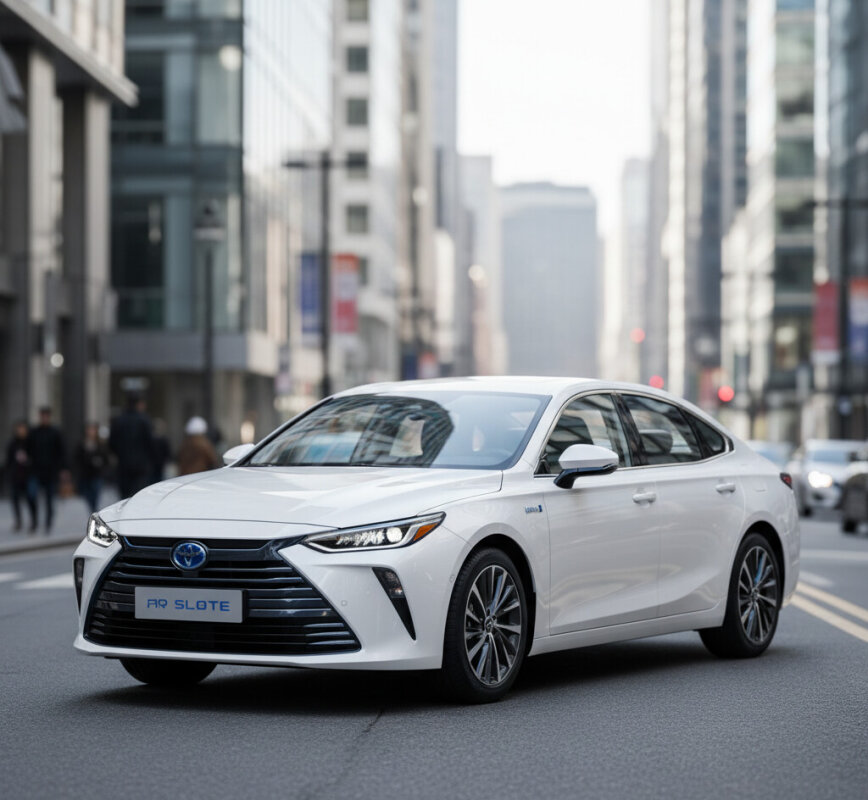 Biały samochód hybrydowy zaparkowany na nowoczesnej ulicy miejskiej.