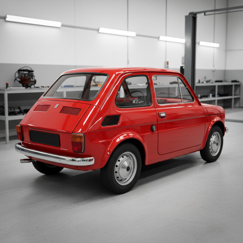 Fiat 126p Maluch z otwartą klapą silnika podczas serwisu w warsztacie.
