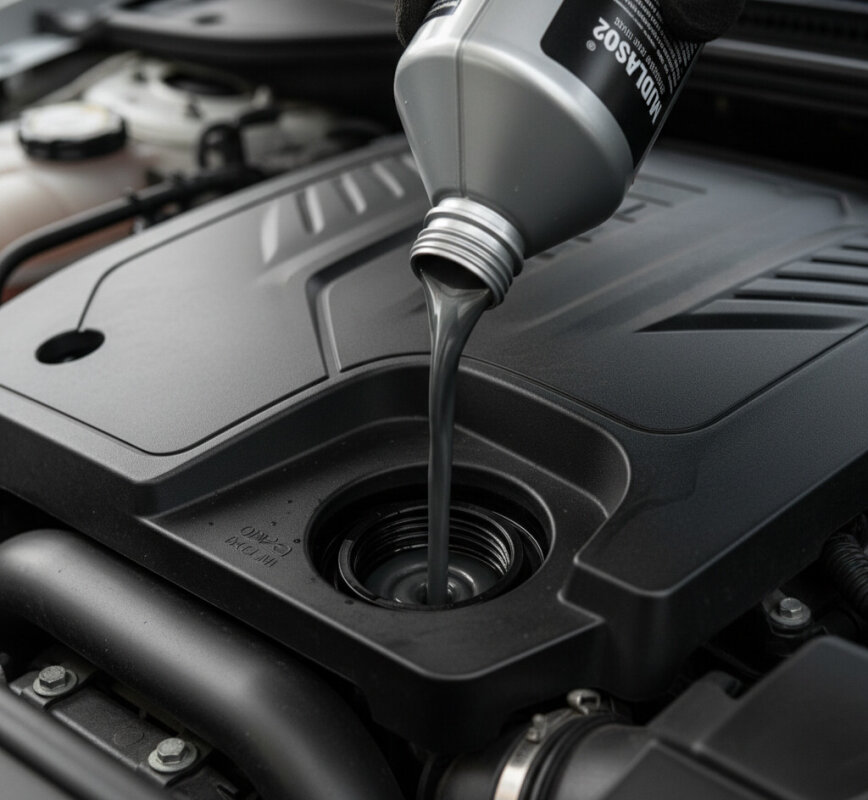 Dolewanie dodatku MoS2 do wlewu oleju.