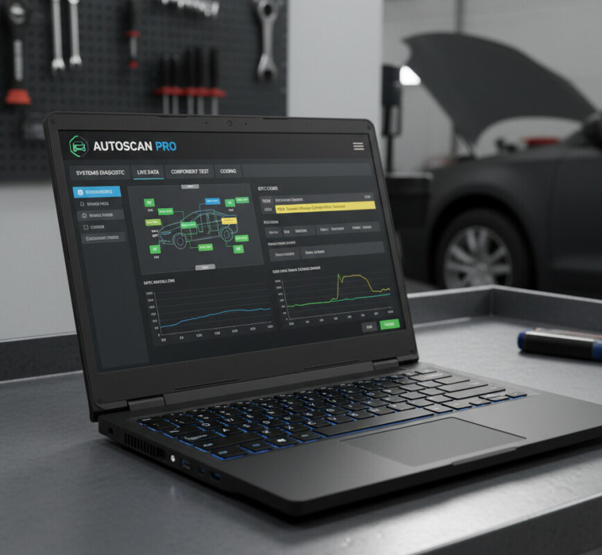 Ekran laptopa diagnostycznego z danymi serwisowymi pojazdu.
