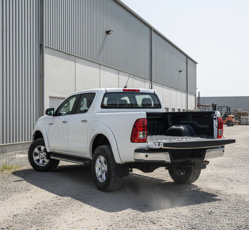 Biały samochód typu pick-up zaparkowany na terenie firmy.