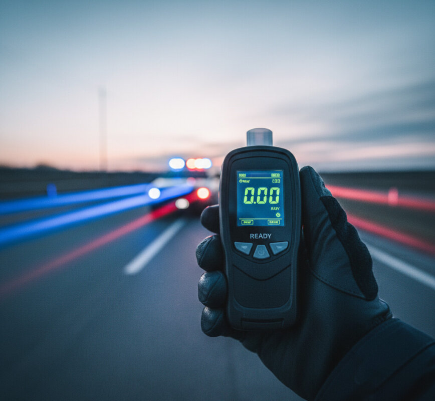 Policjant trzymający cyfrowy alkomat podczas kontroli drogowej.