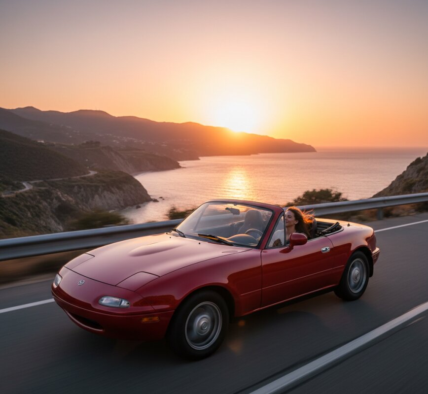 Używany kabriolet Mazda MX-5 z otwartym dachem podczas zachodu słońca.