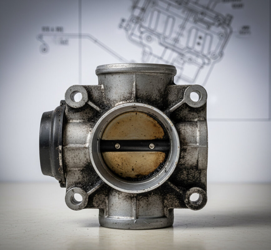 Zdemontowana brudna przepustnica silnika z osadem nagaru.