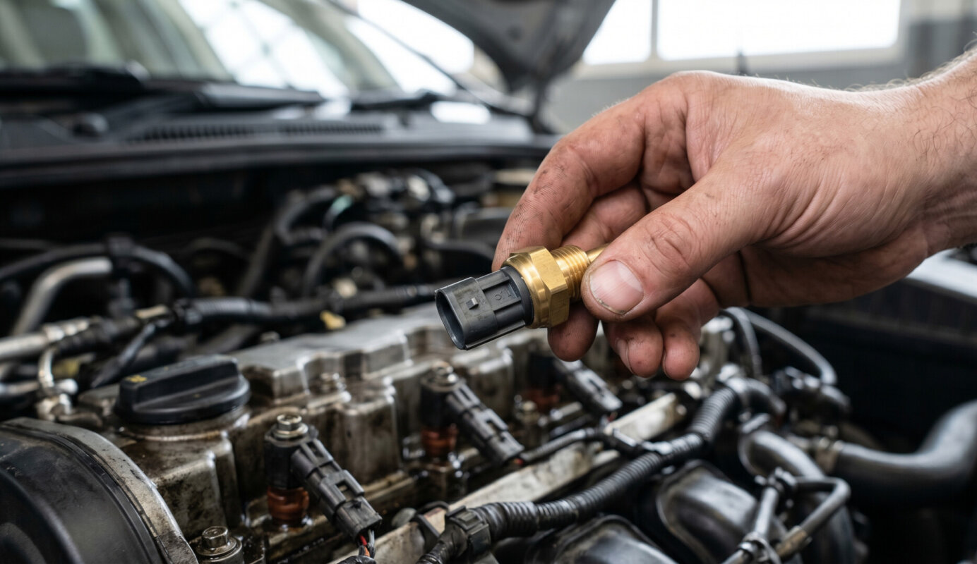 Czujnik temperatury płynu chłodzącego trzymany przez mechanika.