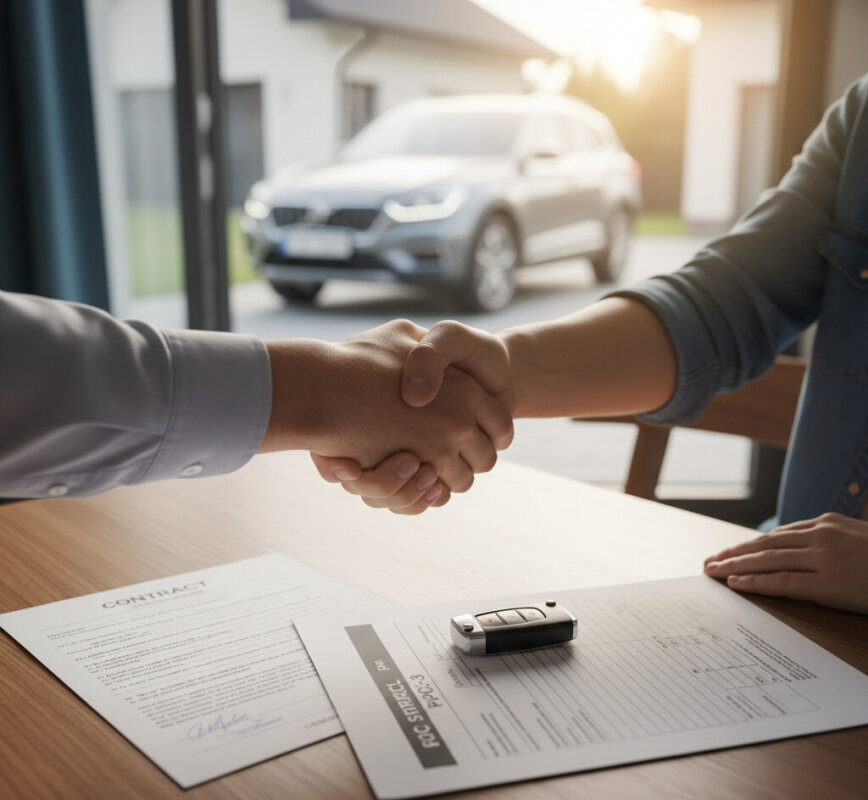 Podpisanie umowy sprzedaży samochodu i formularza podatkowego PCC-3.