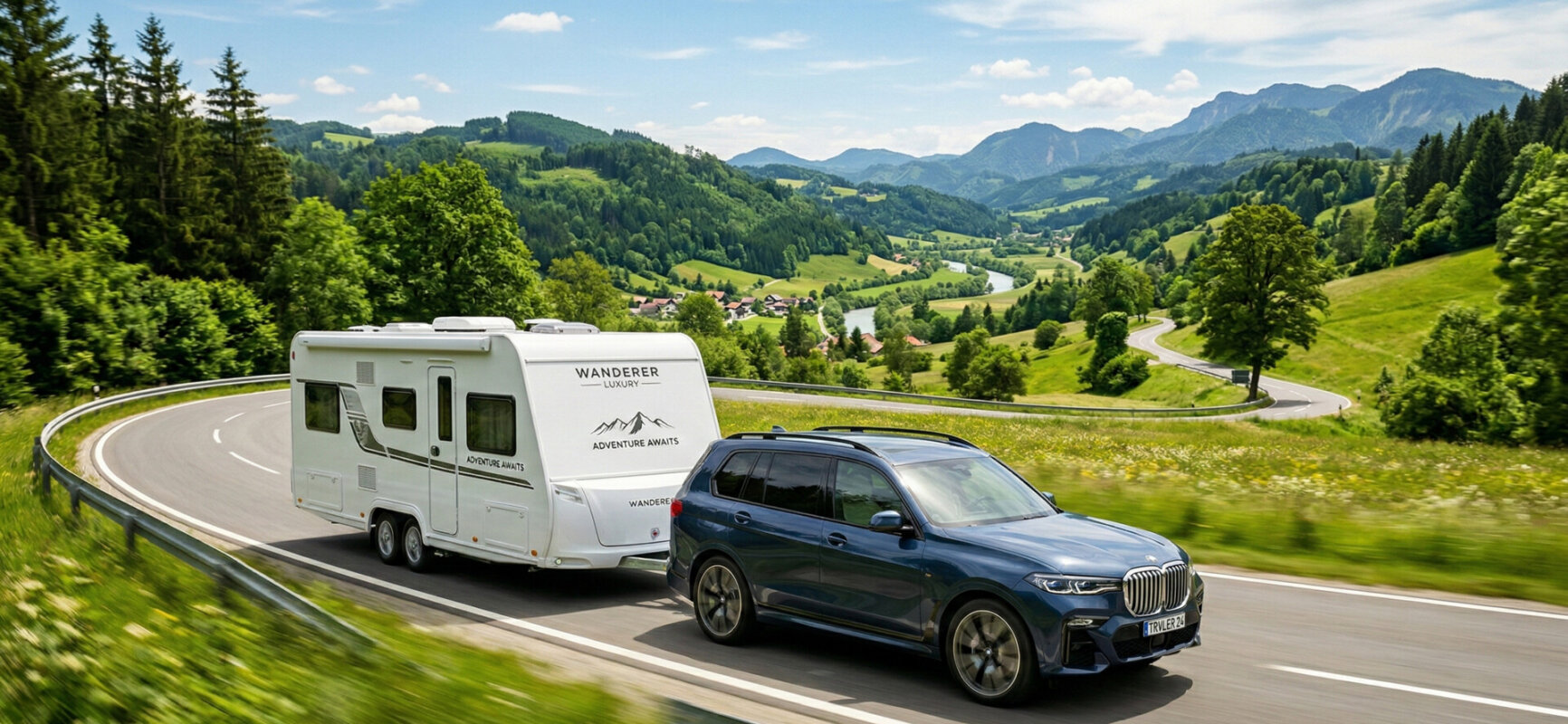 Samochód osobowy holujący przyczepę kempingową na wakacyjnej trasie.