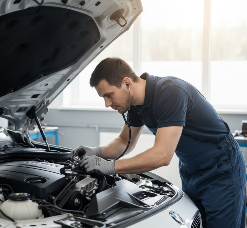 Mechanik nasłuchujący pracy silnika za pomocą stetoskopu technicznego.