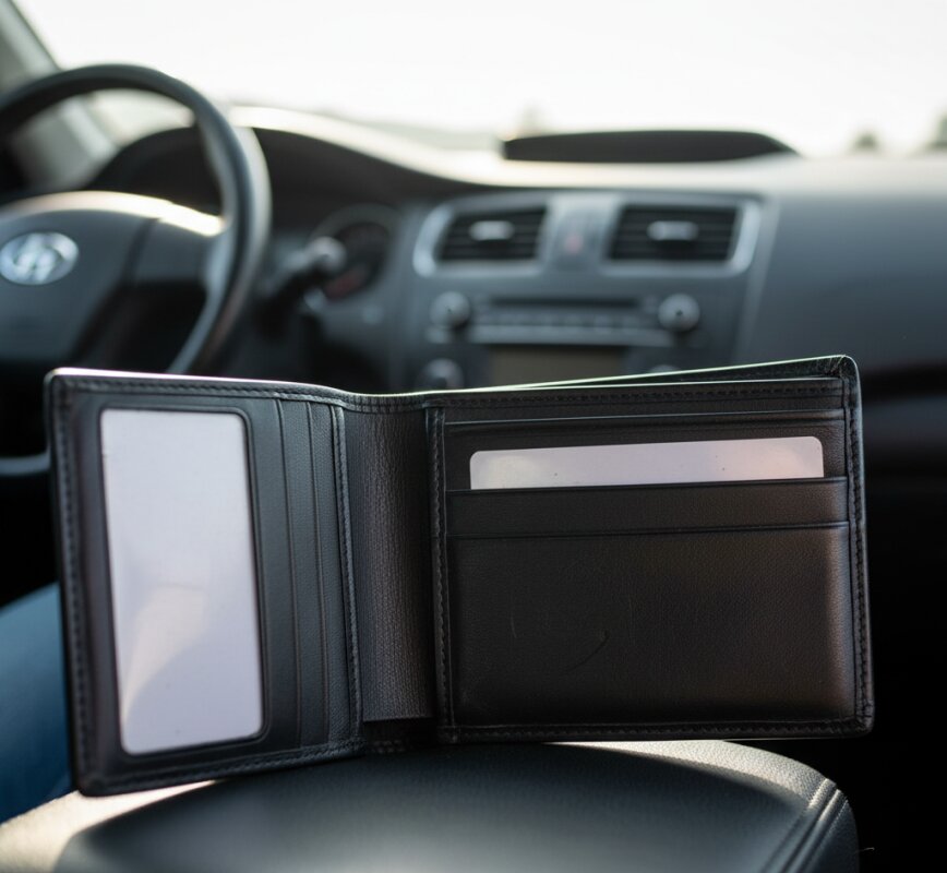 Pusty czarny portfel z przegródkami na dokumenty leżący we wnętrzu samochodu.