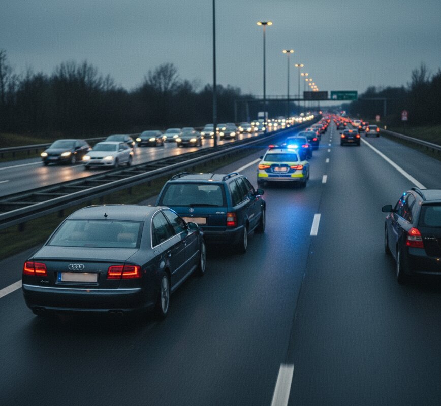 Radiowóz policji na autostradzie w gęstym ruchu, jazda 'na zderzaku'.