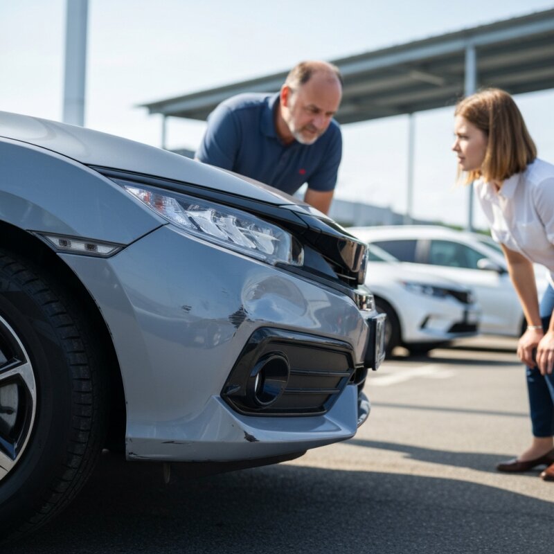 Uszkodzony przedni zderzak samochodu na placu komisu auto-handel.