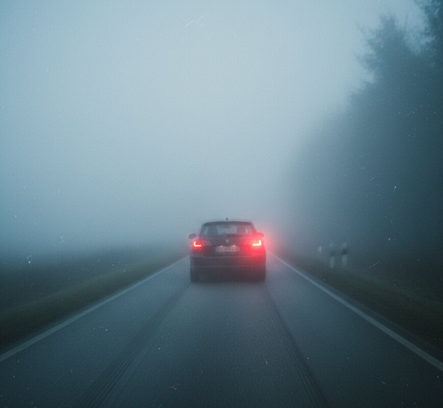 Samochód jadący drogą we mgle z włączonymi tylnymi światłami przeciwmgłowymi.