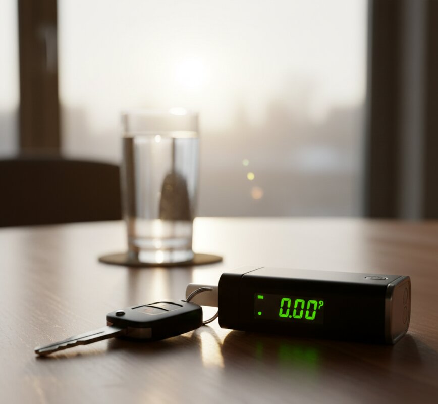 Alkomat cyfrowy pokazujący wynik zero obok kluczyków do samochodu.