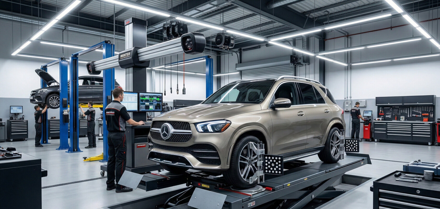 Auto na stanowisku do ustawiania geometrii i zbieżności kół w serwisie.