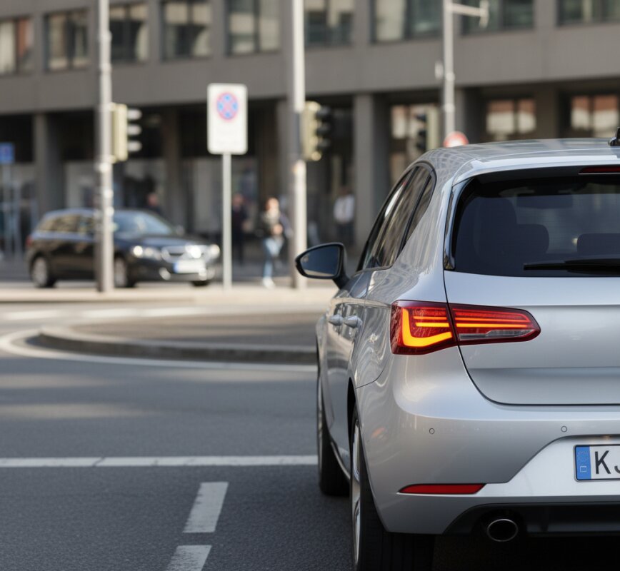 Samochód sygnalizujący kierunkowskazem zjazd z ronda.