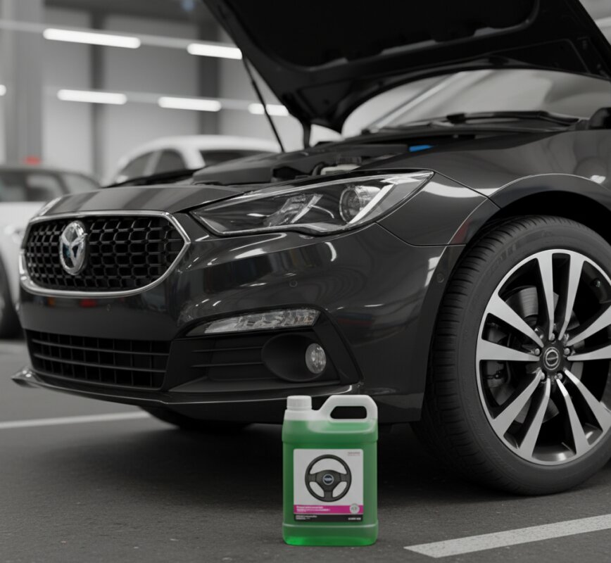 Bańka z zielonym płynem wspomagania kierownicy przed samochodem z otwartą maską.