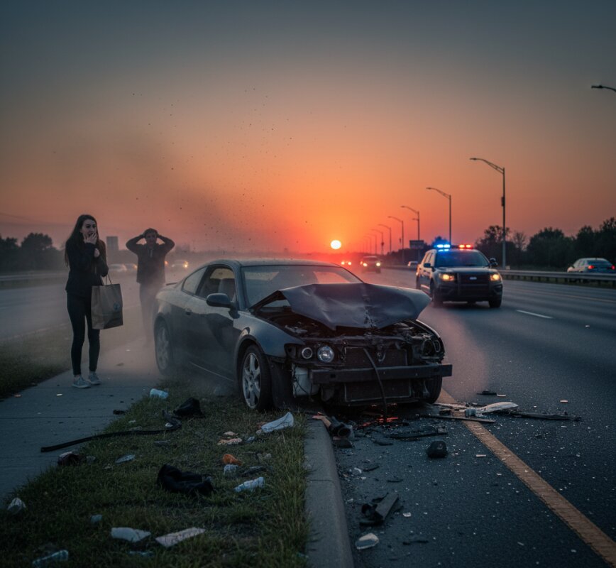 Rozbity samochód, wypadek spowodowany przez przekroczenie prędkości.