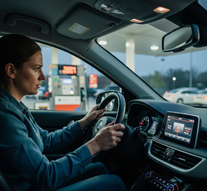 Zaniepokojony kierowca na stacji paliw, widoczna świecąca kontrolka ostrzegawcza na desce rozdzielczej.