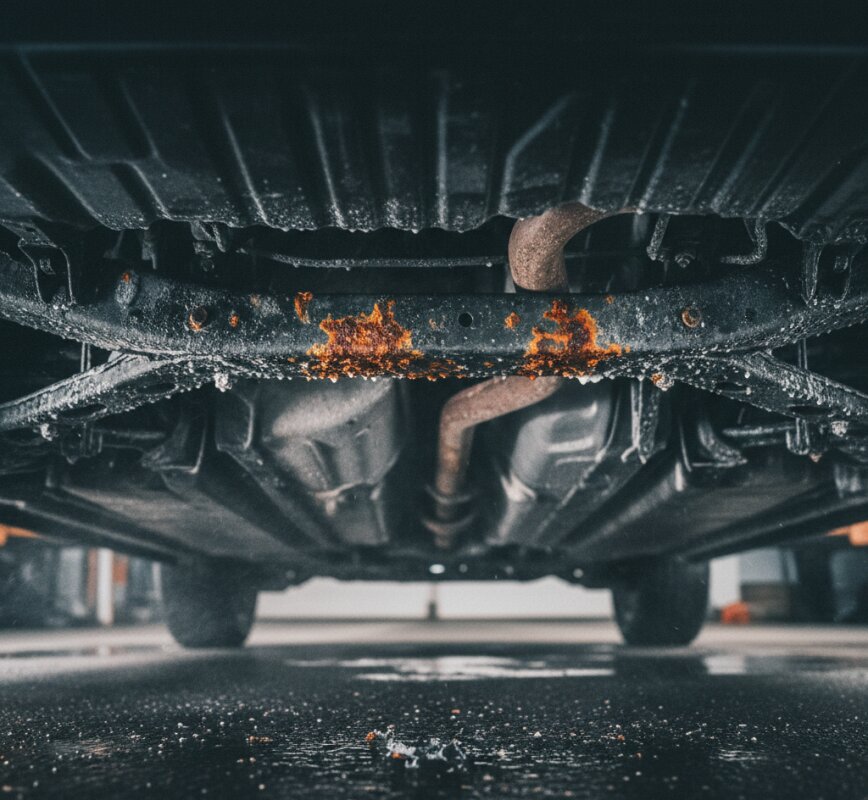 Skorodowane podwozie samochodu pokryte rdzą