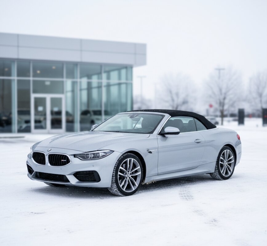 Używany kabriolet z zamkniętym dachem zaparkowany zimą na placu.