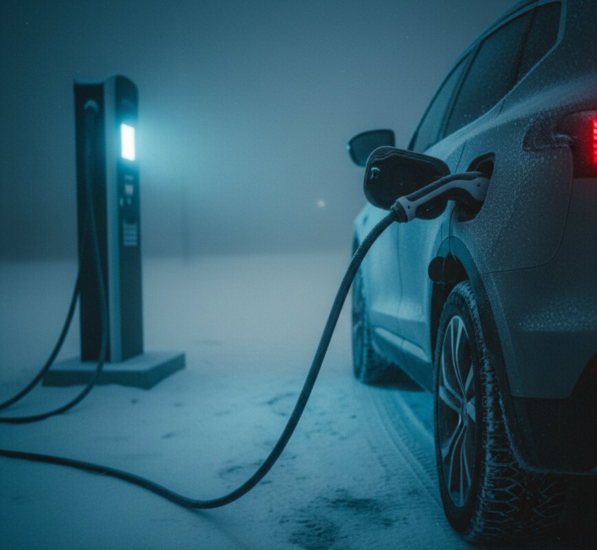 Samochód elektryczny podłączony do stacji ładowania w nocy na zaśnieżonym parkingu.